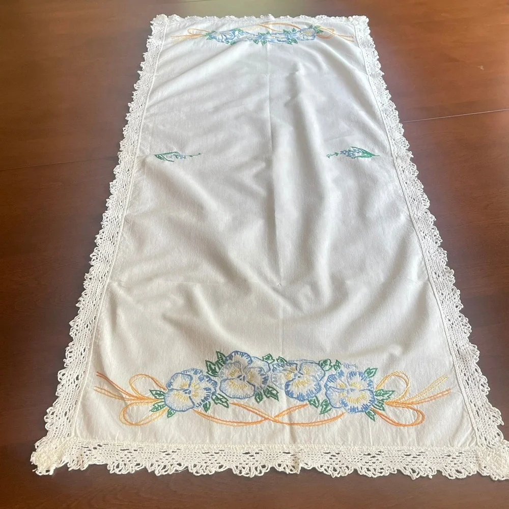 Vintage Hand Embroidered Blue Pansy Dresser Scarf White Lace Runner 36x15